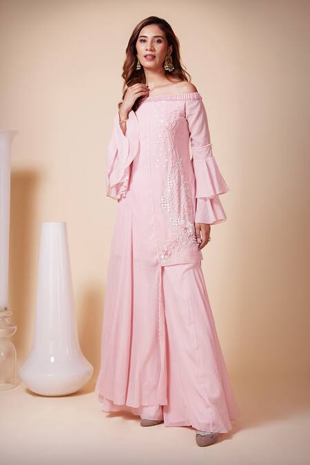 Buy_Saaj By Ankita_Pink Georgette Embroidery, Cut Work Off-shoulder Off Kurta And Sharara Set _Online_at_Aza_Fashions