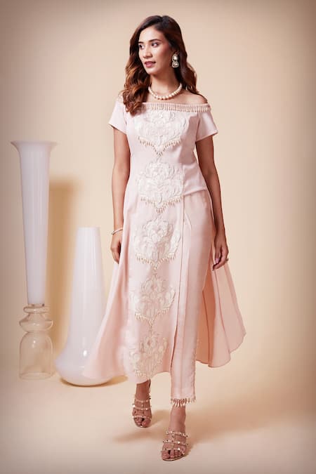 Saaj By Ankita_Pink Modal Pearls, Sequins Off-shoulder Applique Embroidered Top And Pant Set _Online_at_Aza_Fashions
