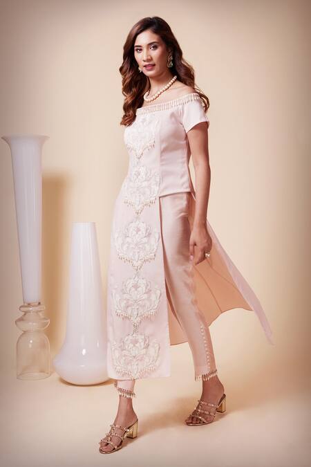 Buy_Saaj By Ankita_Pink Modal Pearls, Sequins Off-shoulder Applique Embroidered Top And Pant Set _Online_at_Aza_Fashions