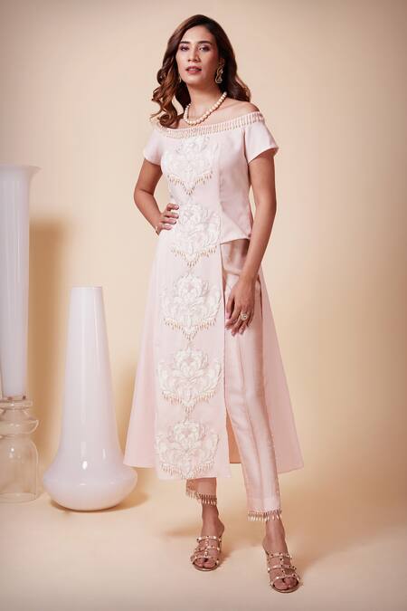Shop_Saaj By Ankita_Pink Modal Pearls, Sequins Off-shoulder Applique Embroidered Top And Pant Set _Online_at_Aza_Fashions