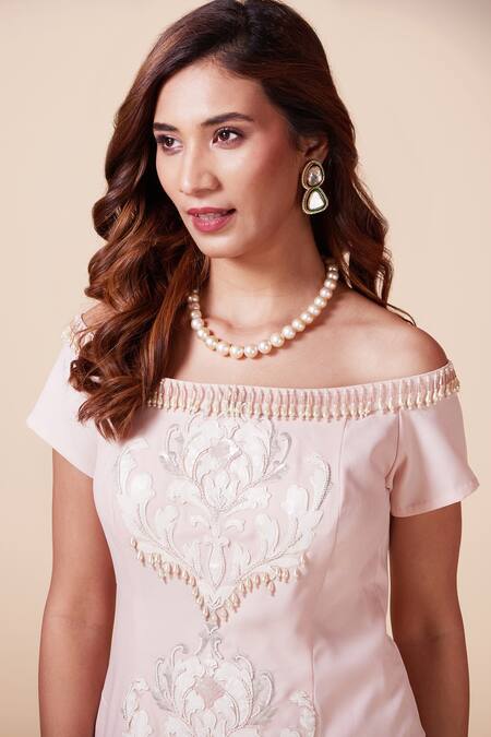 Saaj By Ankita_Pink Modal Pearls, Sequins Off-shoulder Applique Embroidered Top And Pant Set _at_Aza_Fashions