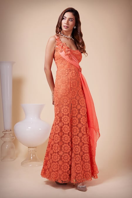Buy_Saaj By Ankita_Coral Organza Embroidery One Shoulder Dandelion Thread Gown _Online_at_Aza_Fashions