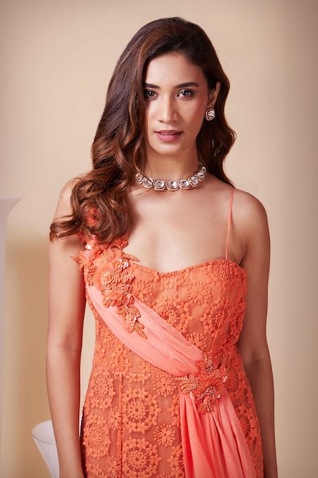 Shop_Saaj By Ankita_Coral Organza Embroidery One Shoulder Dandelion Thread Gown _Online_at_Aza_Fashions