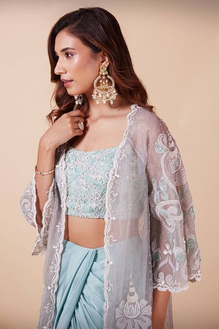 Saaj By Ankita_Grey Silk Satin Embroidery Round Neck Applique Cape Skirt Set _at_Aza_Fashions