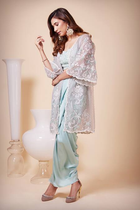 Saaj By Ankita_Grey Silk Satin Embroidery Round Neck Applique Cape Skirt Set _Online_at_Aza_Fashions