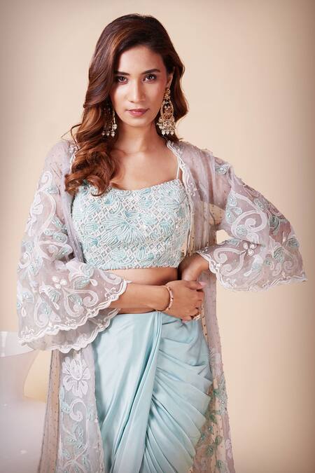 Shop_Saaj By Ankita_Grey Silk Satin Embroidery Round Neck Applique Cape Skirt Set _Online_at_Aza_Fashions