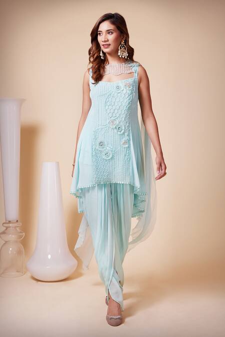 Buy_Saaj By Ankita_Blue Georgette Sequins, Cut Work Applique Embroidered Kurta Dhoti Pant Set _Online_at_Aza_Fashions