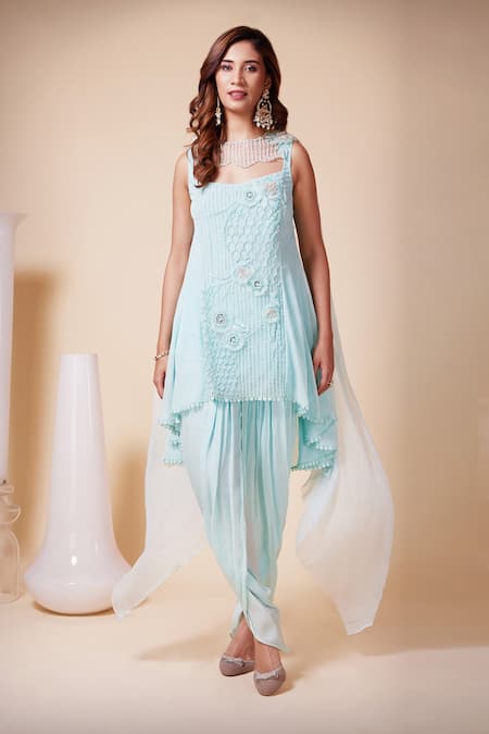 Shop_Saaj By Ankita_Blue Georgette Sequins, Cut Work Applique Embroidered Kurta Dhoti Pant Set _Online_at_Aza_Fashions