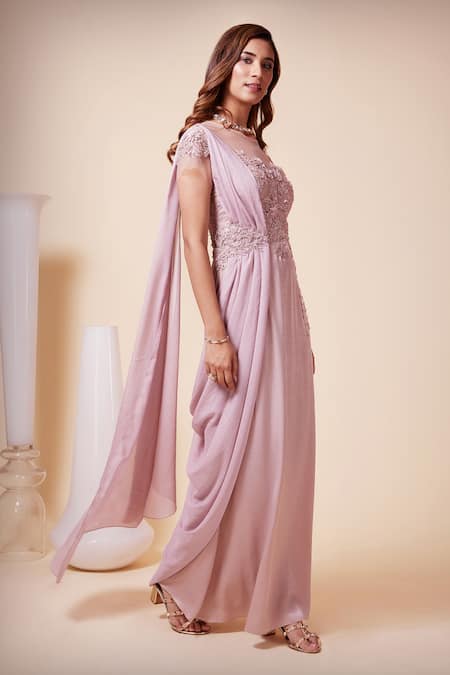 Saaj By Ankita_Purple Satin Pearls, Sequins Round Neck Floral Embroidered Draped Gown _Online_at_Aza_Fashions