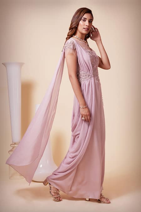 Buy_Saaj By Ankita_Purple Satin Pearls, Sequins Round Neck Floral Embroidered Draped Gown _Online_at_Aza_Fashions