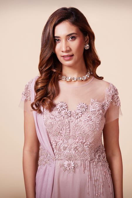 Shop_Saaj By Ankita_Purple Satin Pearls, Sequins Round Neck Floral Embroidered Draped Gown _Online_at_Aza_Fashions