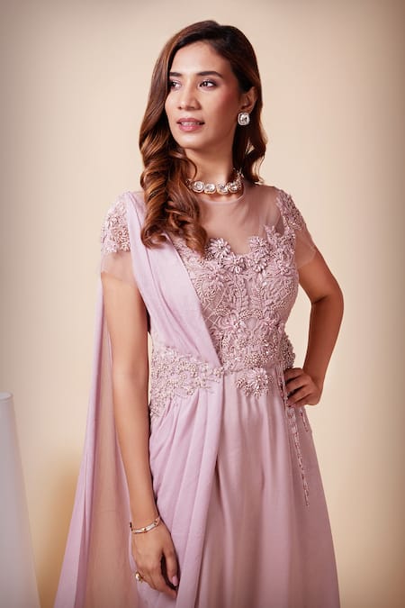 Saaj By Ankita_Purple Satin Pearls, Sequins Round Neck Floral Embroidered Draped Gown _at_Aza_Fashions