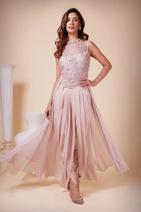 Buy_Saaj By Ankita_Purple Georgette Sequins, Beads, Applique Embroidered Top And Dhoti Pant Set _Online_at_Aza_Fashions