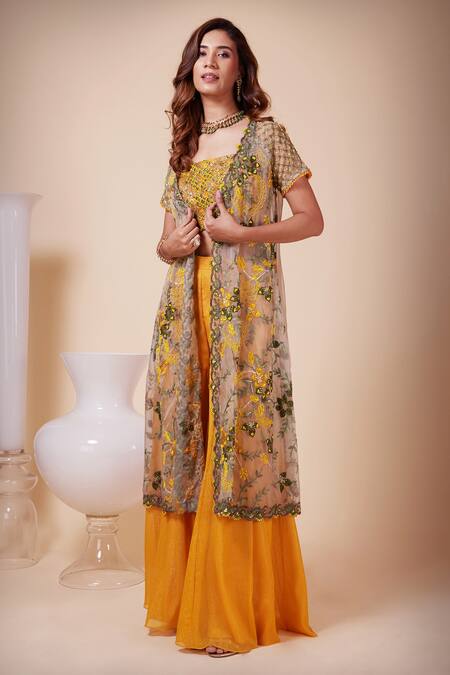 Saaj By Ankita_Yellow Silk Organza, Georgette Beads, Floral Embroidered Cape Sharara Set _Online_at_Aza_Fashions