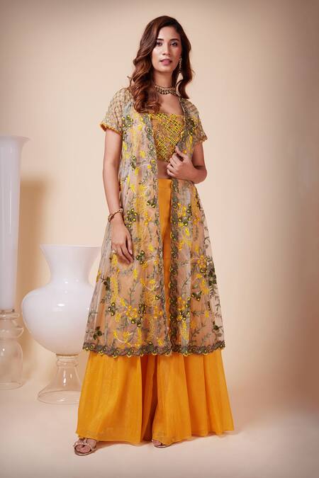 Buy_Saaj By Ankita_Yellow Silk Organza, Georgette Beads, Floral Embroidered Cape Sharara Set _Online_at_Aza_Fashions