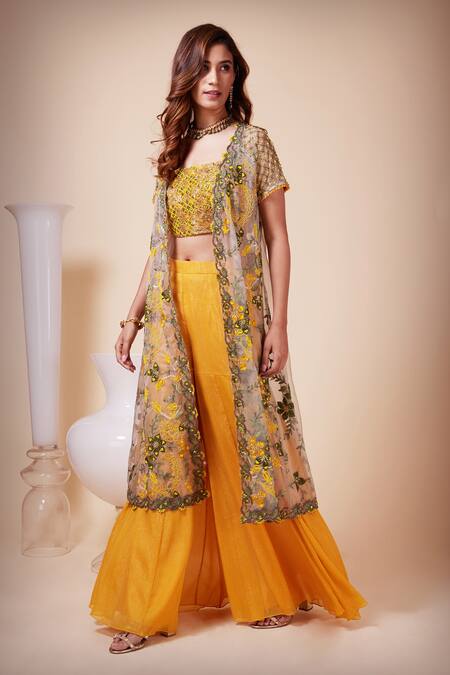 Shop_Saaj By Ankita_Yellow Silk Organza, Georgette Beads, Floral Embroidered Cape Sharara Set _Online_at_Aza_Fashions