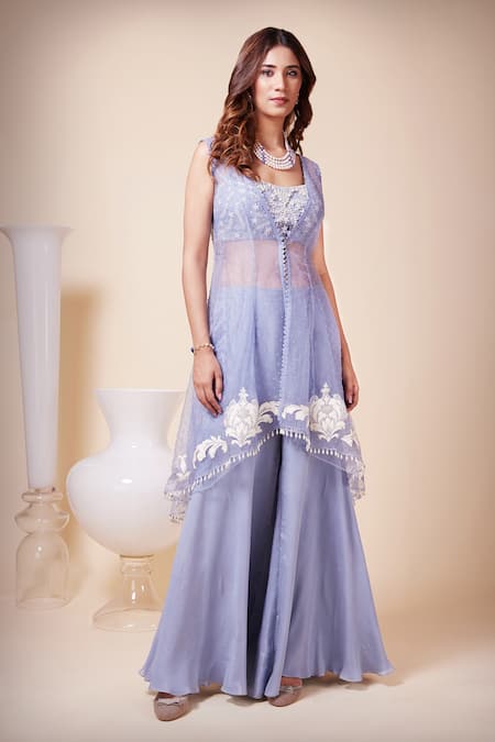 Saaj By Ankita_Blue Silk Pearls, Sequins Square Neck Textured Cape Sharara Set _Online_at_Aza_Fashions