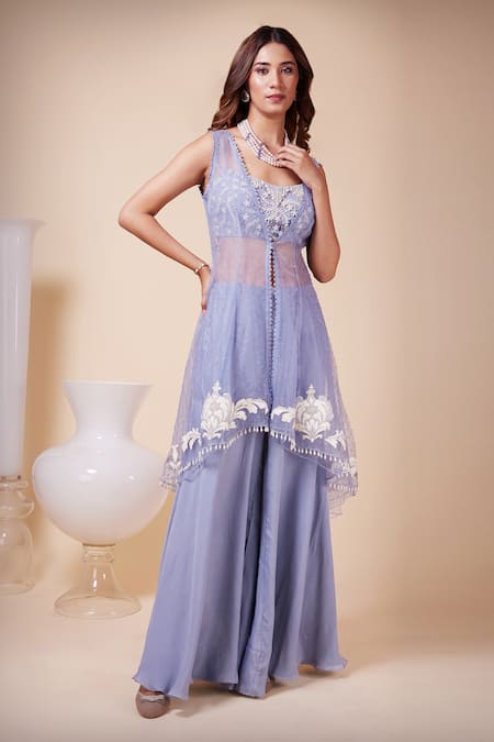 Shop_Saaj By Ankita_Blue Silk Pearls, Sequins Square Neck Textured Cape Sharara Set _Online_at_Aza_Fashions