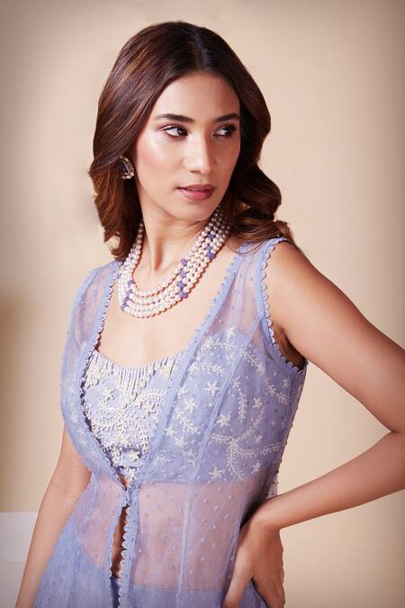 Saaj By Ankita_Blue Silk Pearls, Sequins Square Neck Textured Cape Sharara Set _at_Aza_Fashions
