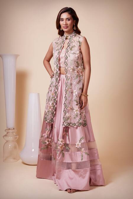Saaj By Ankita_Pink Satin, Silk Organza Embroidery, Sequins V-neck Floral Cape Lehenga Set _Online_at_Aza_Fashions