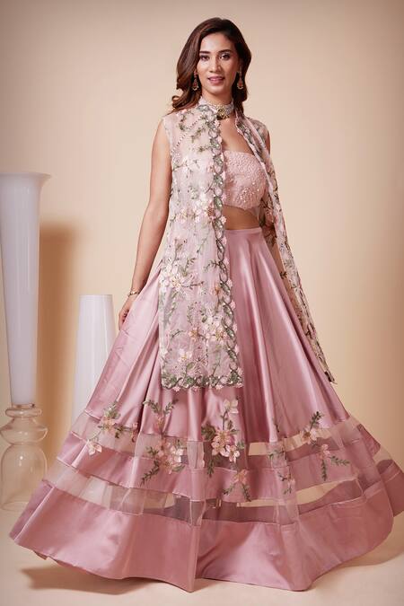 Buy_Saaj By Ankita_Pink Satin, Silk Organza Embroidery, Sequins V-neck Floral Cape Lehenga Set _Online_at_Aza_Fashions