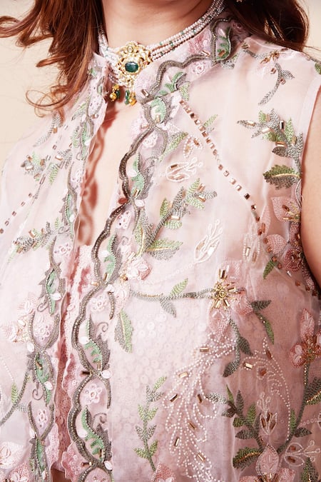 Saaj By Ankita_Pink Satin, Silk Organza Embroidery, Sequins V-neck Floral Cape Lehenga Set _at_Aza_Fashions