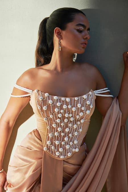 Buy_Saanjh By Lea_Pink Georgette Pearls Zaina Pleated Pre-stitched Saree _Online_at_Aza_Fashions