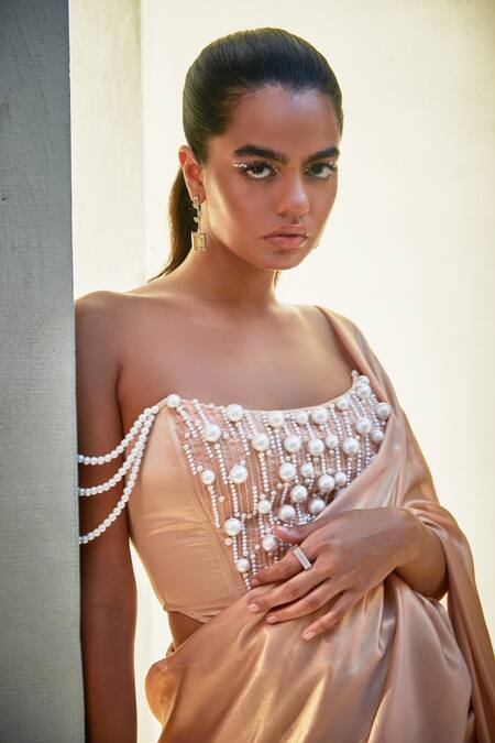 Shop_SAANJH BY LEA_Beige Silk, Satin Pearls, Beads Off-shoulder Zahira Embroidered Corset Blouse_Online_at_Aza_Fashions