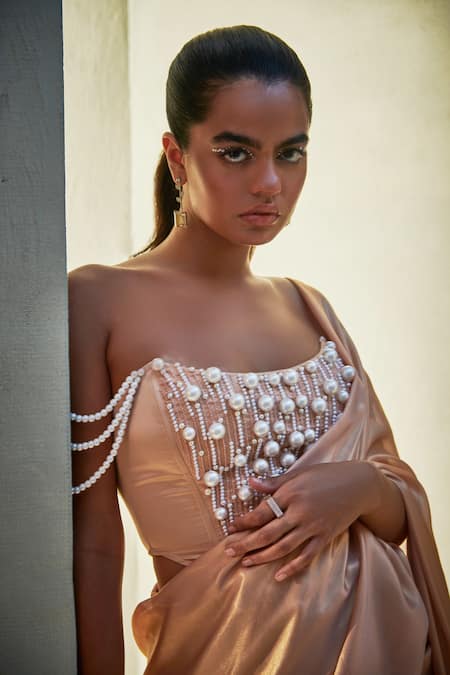Shop_Saanjh By Lea_Pink Georgette Pearls Zaina Pleated Pre-stitched Saree _Online_at_Aza_Fashions