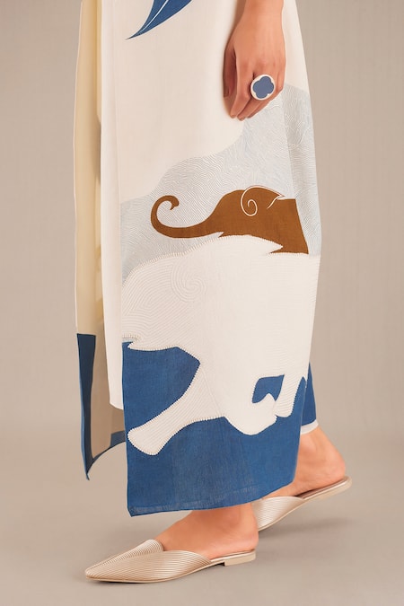 Ampm_Ivory Linen Embroidery Open Neck, Betel Motif Jacket And Pant Set _Online_at_Aza_Fashions