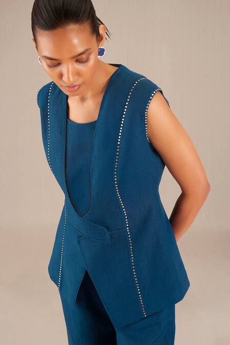 Ampm_Blue Linen Embroidery Round Neck Asymmetric Jacket And Pant Set_Online_at_Aza_Fashions