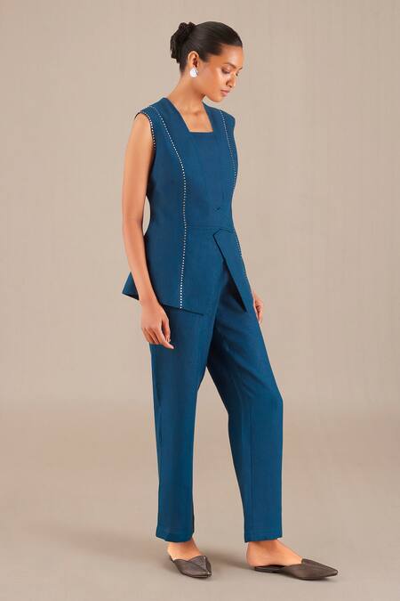 Buy_Ampm_Blue Linen Embroidery Round Neck Asymmetric Jacket And Pant Set_Online_at_Aza_Fashions