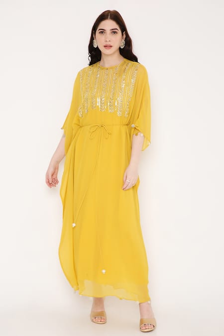 Bha Sha Yellow Georgette Beads, Sequins Round Neck Saba Yoke Embroidered Kaftan Online at Aza Fashions Bha Sha_Yellow Georgette Beads, Sequins Round Neck Saba Yoke Embroidered Kaftan _Online_at_Aza_Fashions