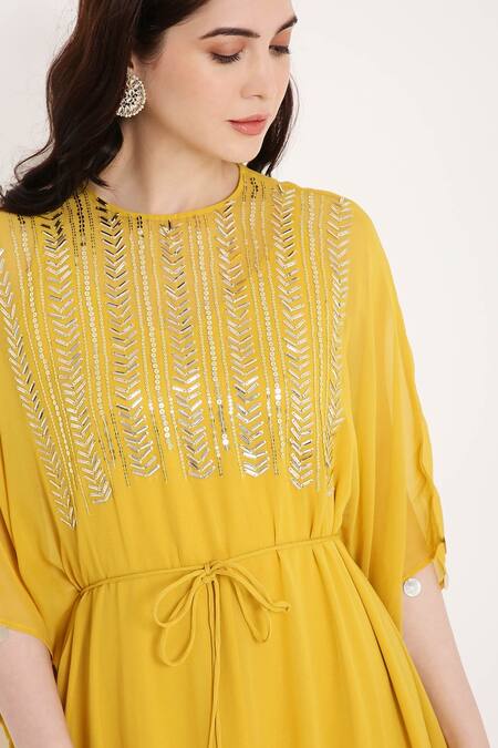 Buy Bha Sha Yellow Georgette Beads, Sequins Round Neck Saba Yoke Embroidered Kaftan Online at Aza Fashions Buy_Bha Sha_Yellow Georgette Beads, Sequins Round Neck Saba Yoke Embroidered Kaftan _Online_at_Aza_Fashions