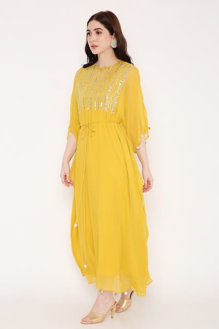 Shop Bha Sha Yellow Georgette Beads, Sequins Round Neck Saba Yoke Embroidered Kaftan Online at Aza Fashions Shop_Bha Sha_Yellow Georgette Beads, Sequins Round Neck Saba Yoke Embroidered Kaftan _Online_at_Aza_Fashions