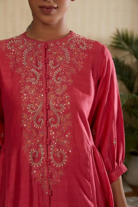 Kefi Collections_Pink Silk Organza, Silk, Chanderi Embroidery, Sadabahar Placket Kurta Set_Online_at_Aza_Fashions