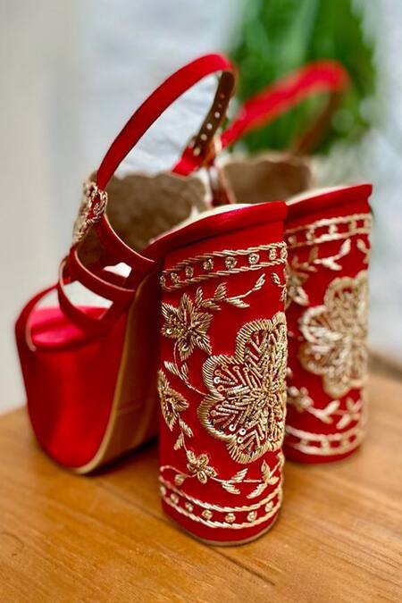 Buy_Tiesta_Red Cut Work, Embroidery Saeba Cutdana Embellished Block Heels _Online_at_Aza_Fashions