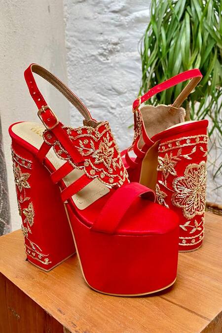 Shop_Tiesta_Red Cut Work, Embroidery Saeba Cutdana Embellished Block Heels _Online_at_Aza_Fashions