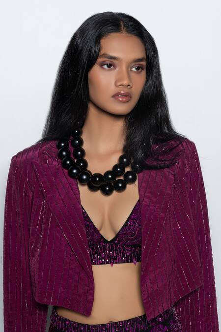 Shop Nirmooha Purple Crepe Beads Collared Embroidered Blazer Online at Aza Fashions Shop_Nirmooha_Purple Crepe Beads Collared Embroidered Blazer _Online_at_Aza_Fashions