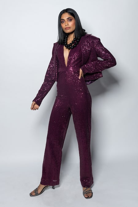 Nirmooha_Purple Sequins Embroidered Blazer _at_Aza_Fashions