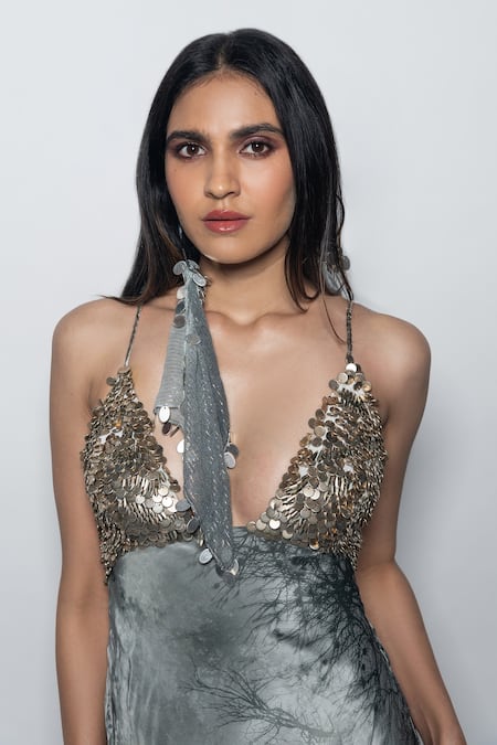 Shop_Nirmooha_Off White Crepe Sequins Plunge Neck Abstract Print Maxi Dress _Online_at_Aza_Fashions