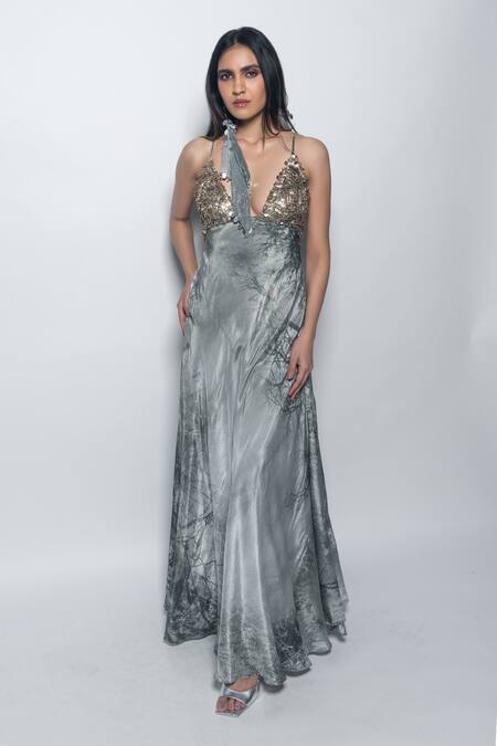 Nirmooha_Off White Crepe Sequins Plunge Neck Abstract Print Maxi Dress _at_Aza_Fashions