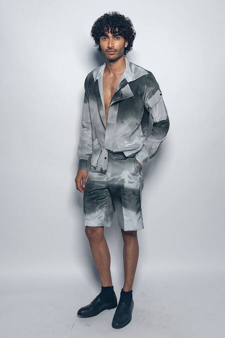 Shop_Nirmooha_Off White Crepe Haze Print Shorts _Online_at_Aza_Fashions