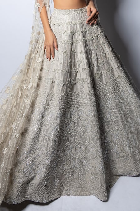 Buy_Disha Patil_Grey Raw Silk Lehenga And Bustier Hand Embroidery Crystal & Jacket Set  _Online_at_Aza_Fashions