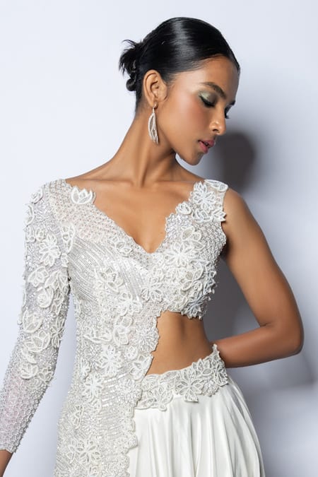 Buy_Disha Patil_Ivory Lehenga Crepe Hand Embroidery Lotus V Neck Jacket Blouse And Set _Online_at_Aza_Fashions
