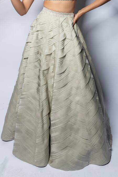 Disha Patil_Grey Lehenga Satin Organzza Hand Pleated With Floral Applique Blouse Set _Online_at_Aza_Fashions
