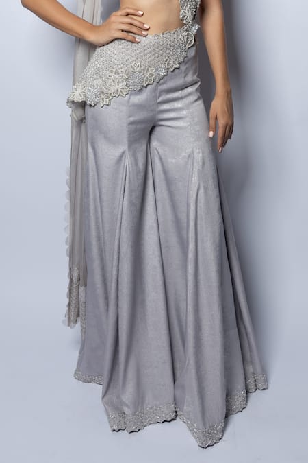 Disha Patil_Silver Raw Silk Hand Embroidery 3d Floral Straight Neck Drape And Pant Set _Online_at_Aza_Fashions