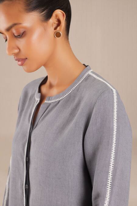 Ampm_Grey Linen Embroidery Round Neck Shirt With Pant_Online_at_Aza_Fashions