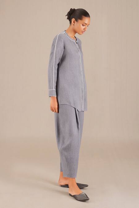 Buy_Ampm_Grey Linen Embroidery Round Neck Shirt With Pant_Online_at_Aza_Fashions