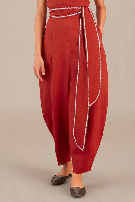 Ampm_Orange Linen Embroidery V-neck Elephant Top And Pant Set_at_Aza_Fashions